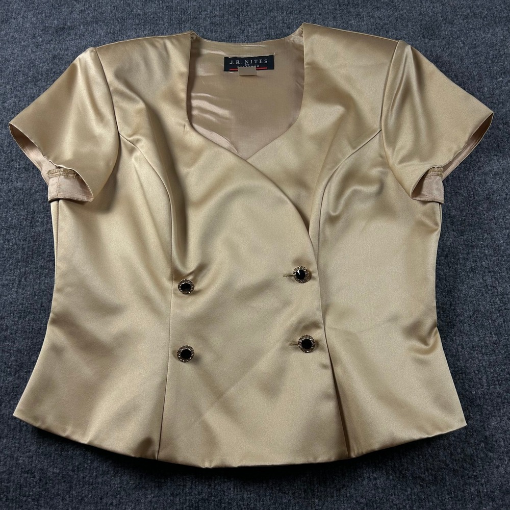J.R. Nites by Caliendo Champagne Gold Satin Double Breasted Blouse Top Size 16